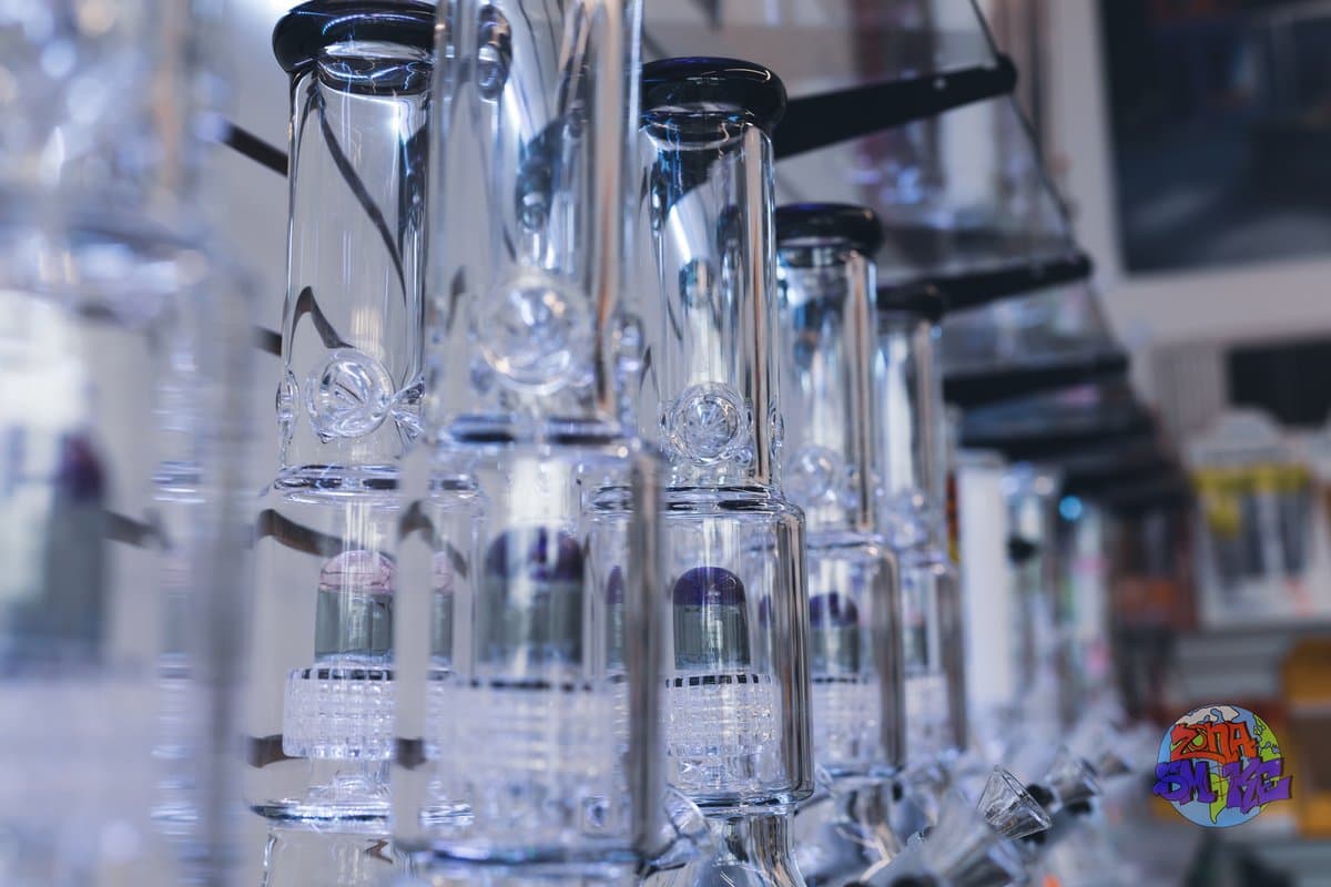 Curated glass display at Zona Smoke